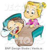 Vector of a Sister Caring for Her Sick Brother Laying in Bed with Snot Bubble Forming from His Nose by BNP Design Studio