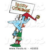 Vector of a Smiling Cartoon Blue Elf Carrying a Merry Christmas Sign by Toonaday