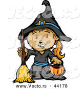 Vector of a Smiling Cartoon Girl Witch Holding a Pumpkin Container and Broom by Chromaco