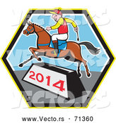 Vector of a Smiling Cartoon Jockey Jumping a Horse over a 2014 Bar by Patrimonio