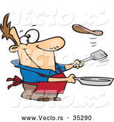 Vector of a Smiling Cartoon Man Flipping a Flapjack with a Spatula While Holding a Pan by Toonaday