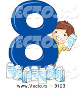 Vector of a Smiling Cartoon School Boy with 8 Milk Cartons Beside the Number Eight by BNP Design Studio