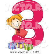 Vector of a Smiling Cartoon School Girl with 3 Presents Beside the Number Three by BNP Design Studio