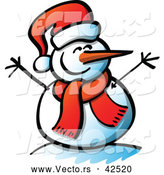Vector of a Smiling Cartoon Snowman with Open Twig Arms, Santa Hat, and Scarf by Zooco