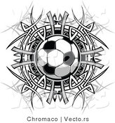 Vector of a Soccer Ball Centered Within a Tribal Circle - Black and White Version by Chromaco