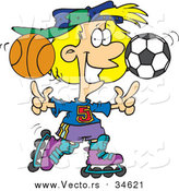 Vector of a Sporty Girl Roller Blading with a Basketball and Soccer Ball by Toonaday
