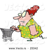 Vector of a Stressed Cartoon Woman Pushing a Shopping Cart While Grinning by Toonaday