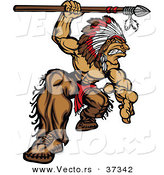 Vector of a Strong Cartoon Native American Chief Mascot Attacking with a Spear by Chromaco