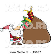 Vector of a Surprised Cartoon Santa Staring at His Oversized Bag of Presents by Toonaday