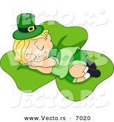 Vector of a Tired Cartoon Leprechaun Toddler Sleeping on a Large Shamrock by BNP Design Studio
