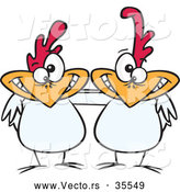 Vector of a Two Cartoon White Chickens Posing Together with Smiles by Toonaday
