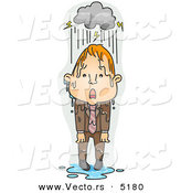 Vector of a Upset Young Cartoon Man Standing Under a Stormy Rain Cloud by BNP Design Studio