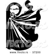 Vector of a Vampire Below a Full Moon with His Cape Flapping Widely in the Wind - Black and White Halloween Line Art by Lawrence Christmas Illustration