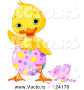 Vector of a Waving Cartoon Chick Hatching from a Pink Easter Egg with Colorful Dots by Pushkin
