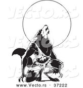 Vector of a Werewolf Howling over Full Moon - Black and White Art by Lawrence Christmas Illustration