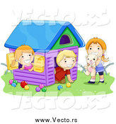 Vector of a White Boy and Two Girls Playing in a Toy House by BNP Design Studio