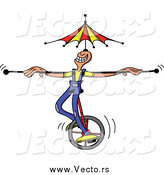 Vector of a White Circus Man Riding a Unicycle with a Bar and Umbrella Balanced on His Head by Zooco