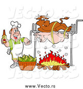 Vector of a White Man Holding a Bottle of Bbq Sauce and Cooking a Cow and Pig over a Fire by LaffToon