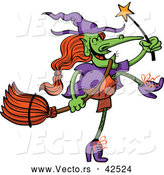 Vector of a Wicked Cartoon Witch Dancing with a Magic Wand and Broom Stick by Zooco