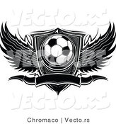 Vector of a Winged Soccer Ball with Blank Banner and Shield - Black and White Version by Chromaco