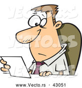 Vector of a Worried Cartoon Businessman Sitting Behind a Desk and Reading a Blank Paper by Toonaday
