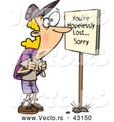 Vector of a Worried Cartoon Hiker Reading "You're Hopelessly Lost... Sorry" Sign by Toonaday