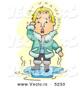 Vector of a Worried Cartoon Man Standing on Thin Melting Ice Floating on Water by BNP Design Studio