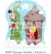 Vector of a Young Cartoon Knight Climbing a Tree Vine to Rescue a Pretty Princess by BNP Design Studio