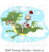 Vector of a Young Cartoon Knight Flying on His Green Dragon by BNP Design Studio