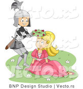 Vector of a Young Cartoon Knight Giving Princess a Flower Crown Gift by BNP Design Studio