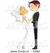 Vector of a Young Cartoon Wedding Couple Embracing and Preparing to Kiss by BNP Design Studio