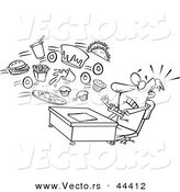 Vector of an Alerted Cartoon Businessman Bombarded with Junk Food at the Office - Coloring Page Outline by Toonaday