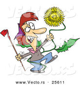 Vector of an Angry Cartoon Woman Strangling a Giant Dandelion Weed by Toonaday