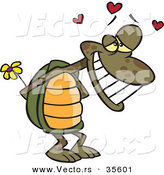 Vector of an Enamored Cartoon Turtle Smiling While Hiding a Yellow Flower Behind His Shell with Love Hearts Floating Above His Head by Toonaday