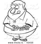 Vector of an Obese Cartoon Man Playing a Ukelele - Coloring Page Outline by Toonaday