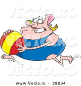 Vector of an Obese Cartoon Woman Running with a Beach Ball While Wearing a One Piece Swimsuit by Toonaday