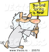 Vector of an Old Cartoon Man Carrying "Spring Is Near" Sign with "The End" Criss-Crossed out by Toonaday