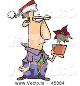 Vector of an Unhappy Cartoon Employee Holding a Potted Poinsettia Plant While Wearing a Santa Hat by Toonaday