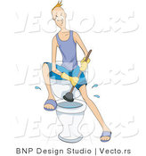 Vector of Angry Young Man Plunging Clogged Toilet with Plunger by BNP Design Studio