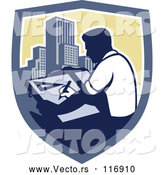 Vector of Architect Man Drawing Plans over Skyscrapers in a Shield by Patrimonio