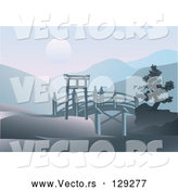 Vector of Asian Footbridge Spanning Through Hills with a Full Moon over Mountains by Eugene