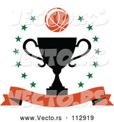 Vector of Basketball over a Black Trophy in a Circle of Stars with a Blank Banner by Vector Tradition SM