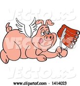 Vector of Bbq Winged Angel Pig Flying and Holding Spare Ribs in Tongs by LaffToon