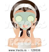 Vector of Beautiful Brunette White Lady with Green Eyes, Facing Front, Applying a Mask and Holding Cucumbers over Her Eyes by Melisende Vector
