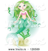 Vector of Beautiful Green Haired Mermaid Swimming with Fish and Seahorses by Pushkin