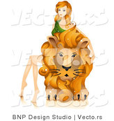Vector of Beautiful Horoscope Leo Girl Sitting on and Petting a Lion by BNP Design Studio
