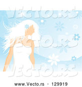 Vector of Beautiful White Haired Lady in a White Dress, Wearing a Blue Flower in Her Hair and Standing over a Blue Floral Background by KJ Pargeter