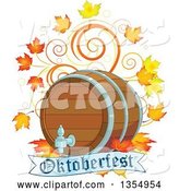 Vector of Beer Keg with Autumn Leaves and Swirls over an Oktoberfest Banner by Pushkin