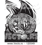 Vector of Black and White Resting Fire Breathing Dragon Woodcut by Xunantunich