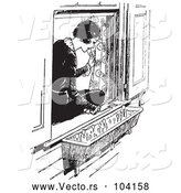 Vector of Black and White Retro Lady Sitting in a Window Sill and Looking at Flowers by Picsburg